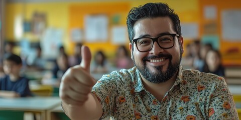 Canvas Print - Mexican teacher showing thumb up photography portrait glasses on classroom blurred background 