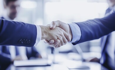 A photo of two business people shaking hands over an office desk, blurred background showing white walls