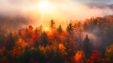 Sticker - Golden Hour Sunrise Over Foggy Autumn Forest