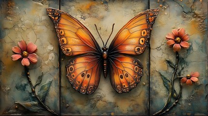 Poster - Three panels depicting painting background with butterfly