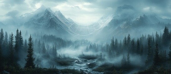 Poster - Misty Mountain Landscape with a Giant Web