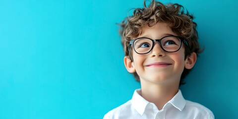 Wall Mural - Happy Schoolboy in Pastel Blue Background