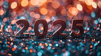 Wall Mural - New Years Eve 2025 Celebration Background, Winter Holiday Bokeh Lighting Wallpaper, Christmas Xmas Party Colorful Lights Decorations