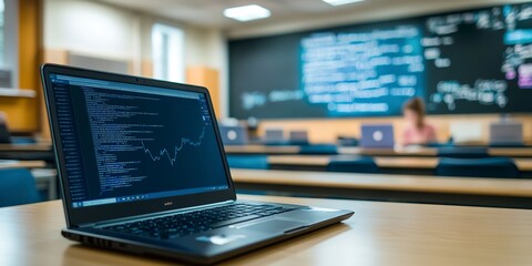 Poster - modern, university, economic, lecture, student, analyze, market, trend, laptop, empty, custom, diagram, method, amidst, data, lesson, projector, science, college, classroom, await, plan, case