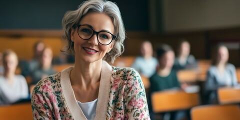 Poster - radiant female teacher with a floral cardigan in a bustling university lecture hall looking at camera 