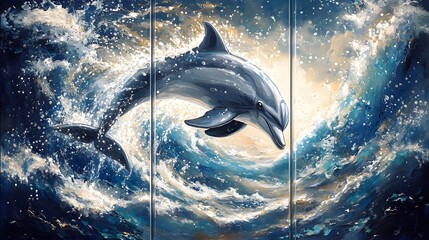 Poster - A lively underwater scene across three panels. The first panel highlights a dolphin leaping gracefully out of the water, the second panel captures a pod of dolphins