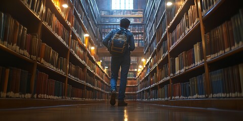 Canvas Print - A university student browsing through books in the library stacks, searching for research materials.