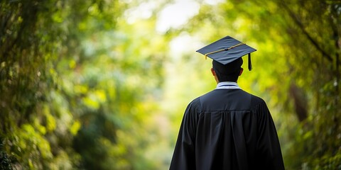 Wall Mural - Rear view of a graduate student wearing a cap and gown, celebrating commencement with a natural green backdrop, symbolizing achievement and the beginning of a new journey. 