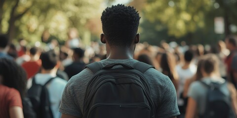 Canvas Print - Black college student going back to school with crowd of students