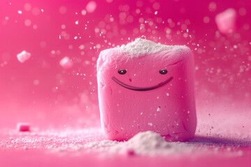 Wall Mural - A bright pink marshmallow is smiling on a pink background.Sweet delicious marshmallow jumps and scatters powdered sugar.A magical painted world


