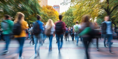 Canvas Print - Dynamic motion blur of students on bustling university campus pathway to college classes