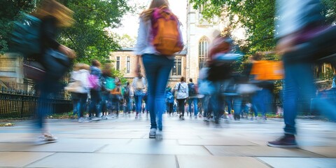 Canvas Print - Dynamic motion blur of students on bustling university campus pathway to college classes