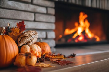 Cozy Thanksgiving Fireplace: A warm and inviting living room with a crackling fireplace, where Thanksgiving decorations like a garland of leaves, small pumpkins, and a cornucopia are arranged on the m