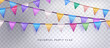 © klyaksun - Triangle flag garland for birthday party vector. Festive bunting pennant decor element for celebrate holiday. Triangular paper string decoration for anniversary or jubilee. Summer fest ribbon