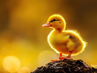 A cute yellow duckling perched on a rock, surrounded by warm golden light. This charming scene captures the essence of youth and nature.