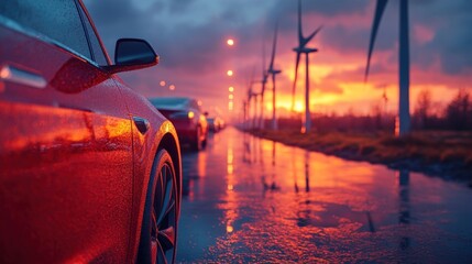 Wall Mural - Electric Car Drive at Sunset with Wind Turbines