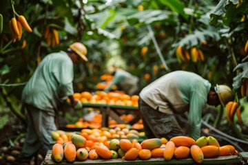 Wall Mural - Harvest of ripe papaya fruits collected in crates, agribusiness concept, organic healthy food and non-gmo fruits with copy space