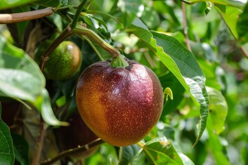 Wall Mural - Harvest of ripe passion fruit on a branch in the garden, agribusiness business concept, organic healthy food and non-GMO fruits with copy space
