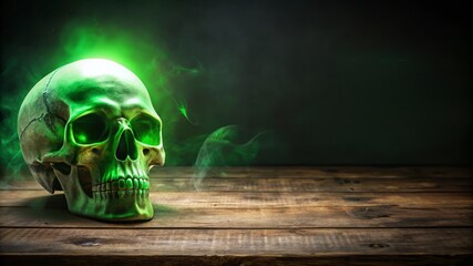 Glowing Green Skull on Wooden Table with Smoke.