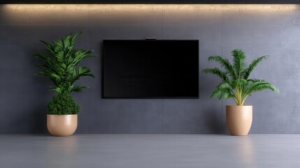 Modern living room with two stylish plants in pots and a sleek TV on a neutral wall. Perfect for interior design inspiration.