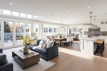 A light-filled living space with seamless transitions between the kitchen, dining, and lounge areas, creating an inviting open-concept layout



