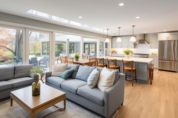 A light-filled living space with seamless transitions between the kitchen, dining, and lounge areas, creating an inviting open-concept layout



