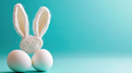 easter bunny ears white eggs on isolated pastel background with copyspace