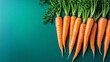 © lnwAI - Neatly arranged carrots with green tops on a gradient background of emerald green and lavender, bold contrast, high detail, have large negative space for text