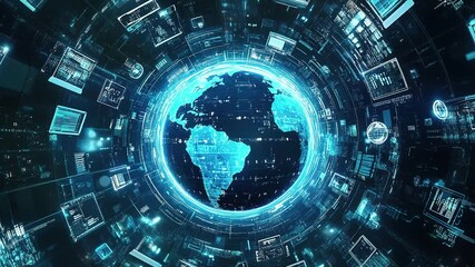 Poster - Earth surrounded by computers and network connections. Symbolizing global network connectivity in cyberspace technology. World of internet technology. Technology background. Abstract globe background