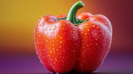 Single fresh bell pepper with water droplets on a gradient background of deep purple and bright yellow, vibrant and crisp details, have large negative space for text