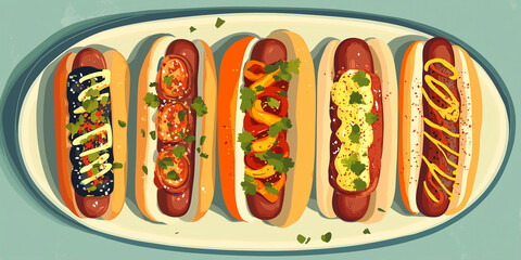 Wall Mural - Gourmet hot dogs on a platter, each with distinct flavors and textures