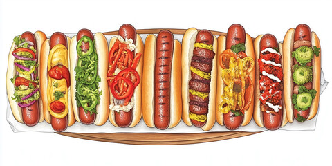 Wall Mural - Gourmet hot dogs on a platter, each with distinct flavors and textures