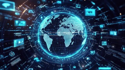 Poster - Earth surrounded by computers and network connections. Symbolizing global network connectivity in cyberspace technology. World of internet technology. Technology background. Abstract globe background