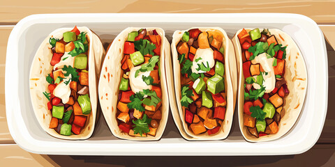 Wall Mural - Two fusion tacos on a rectangular dish, each with distinct ingredients