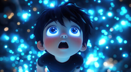 Wall Mural - A cute little boy with black hair, big eyes, and a blue sweater is surprised by the magical light floating in front of him