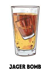 Wall Mural - Vector illustration of a Jäger Bomb cocktail – detailed sketch depicting the layered drink with a shot glass and energy drink, isolated for use in bar menus, promotional materials, and nightlife-theme