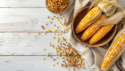 Bowl with corn seeds and ripe corn cobs on wooden table