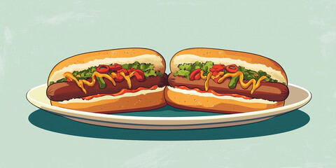 Wall Mural - Pair of gourmet hot dogs with specialty toppings on a plate