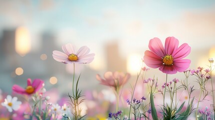 Canvas Print - Delicate Pink Cosmos Flowers in a Field at Sunset.