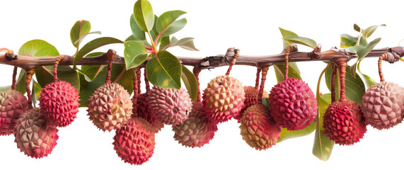 Wall Mural - Bunch of lychees hanging from a branch, isolated on white background