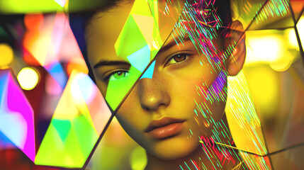 Artistic portrait of a young woman with vibrant, multicolored geometric reflections on her face