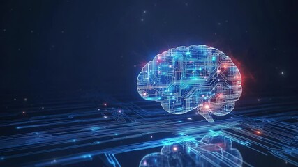 Poster - Hologram of the brain. Brain and technology network. Digital brain with glowing circuit patterns. Futuristic brain. Digital human brain connected to an electronic board. Artificial Intelligence tech