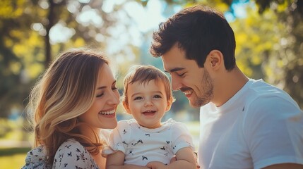 Happy and family with child outdoor park together for bonding, love and support on summer vacation. Woman, man and kid smile with care, trust and respect for childhood memory on holiday.