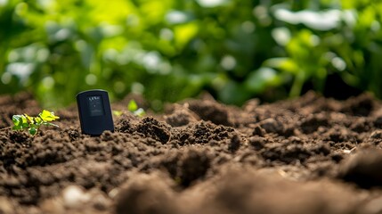 Photograph of smart soil moisture sensors placed in the ground sending real time data to a central system for optimized water management and crop growth in precision agriculture