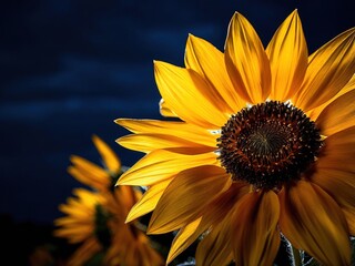 Poster - A close-up of a bright yellow sunflower with a dark blue background.