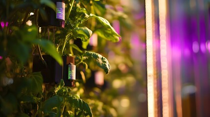 Poster - photograph of iot sensors attached to plants in a vertical farm monitoring growth conditions and env