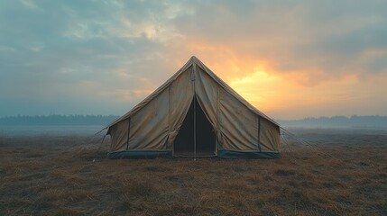 Wall Mural - Solitary Tent in a Misty Field at Sunrise