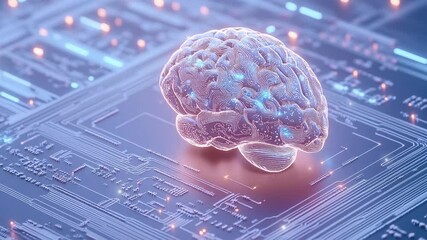 Poster - Hologram of the brain. Brain and technology network. Digital brain with glowing circuit patterns. Futuristic brain. Digital human brain connected to an electronic board. Artificial Intelligence tech