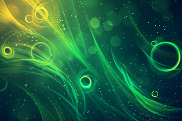 Poster - Green yellow glowing liquid rings and neon dots abstract background. Vector sci-fi design


