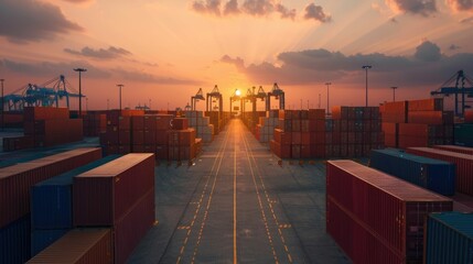 Wall Mural - Dramatic sunset scene of a bustling container terminal with cranes and stacks of cargo containers  This image captures the busy and global logistics of a major port and shipping hub